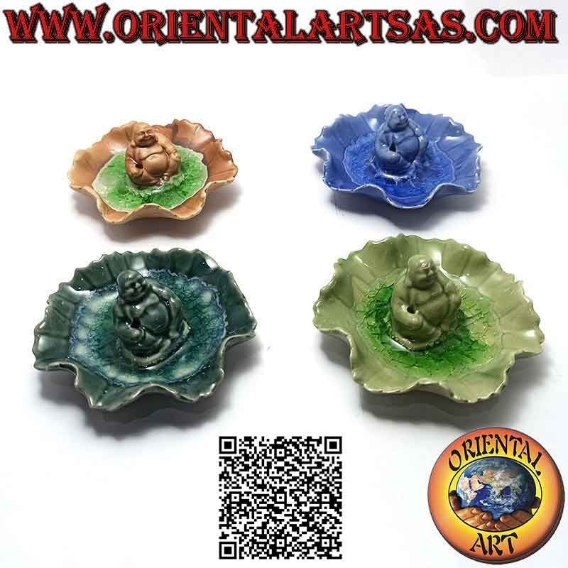 Incense burner "Buddha of abundance (Budai) seated" in the painted ceramic leaf and glazed interior