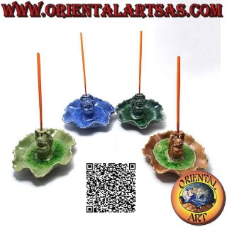 Incense burner "Buddha of Abundance (Budai) standing" in the painted ceramic leaf and glazed interior