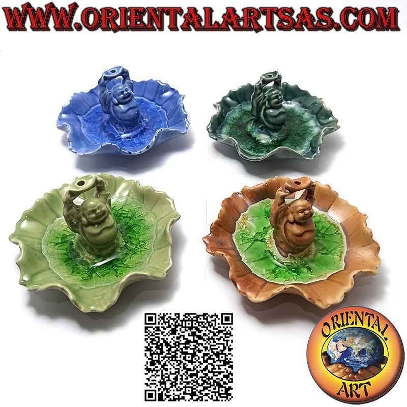 Incense burner "Buddha of Abundance (Budai) standing" in the painted ceramic leaf and glazed interior