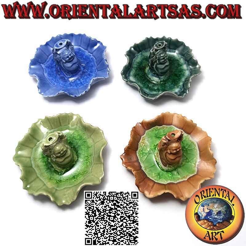 Incense burner "Buddha of Abundance (Budai) standing" in the painted ceramic leaf and glazed interior