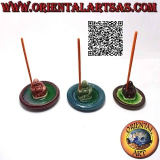 Quemador de incienso "Buda de la Abundancia (Budai) sentado" sobre el disco en cerámica pintada e interior vidriado