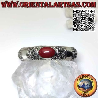 Rounded 925 ‰ silver rigid bracelet with engraved floral decorations and oval red agate