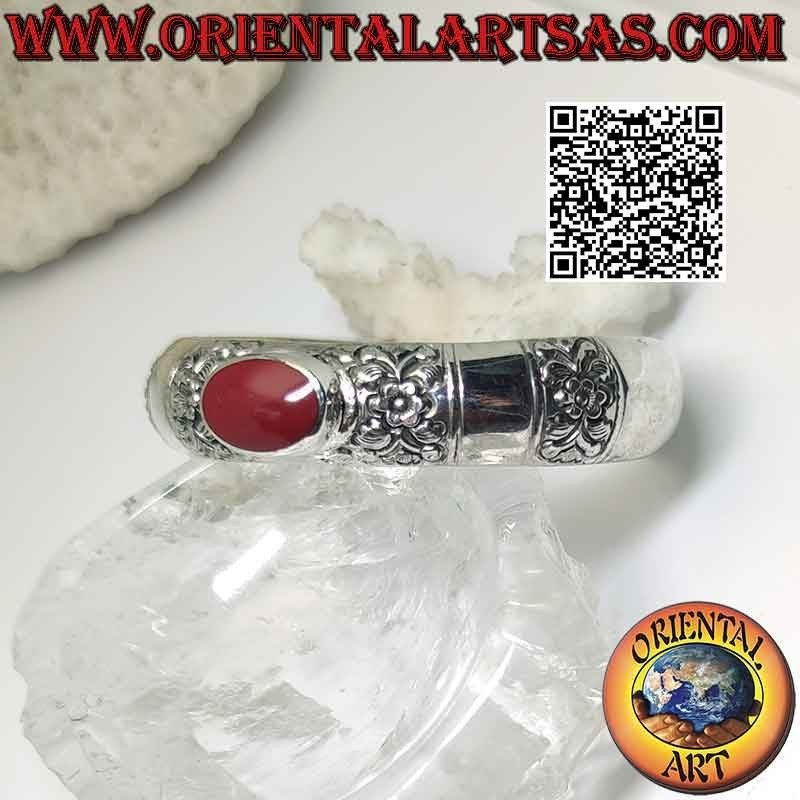 Pulsera rígida de plata 925‰ redondeada con adornos florales grabados y ágata roja ovalada