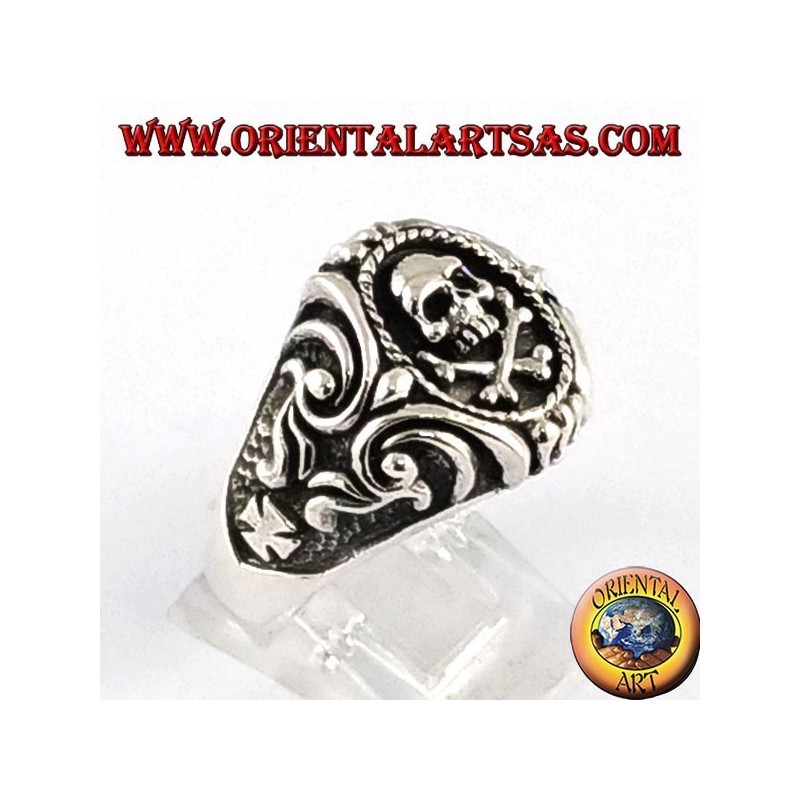 Bague argent, crâne pirate avec transversale latérale