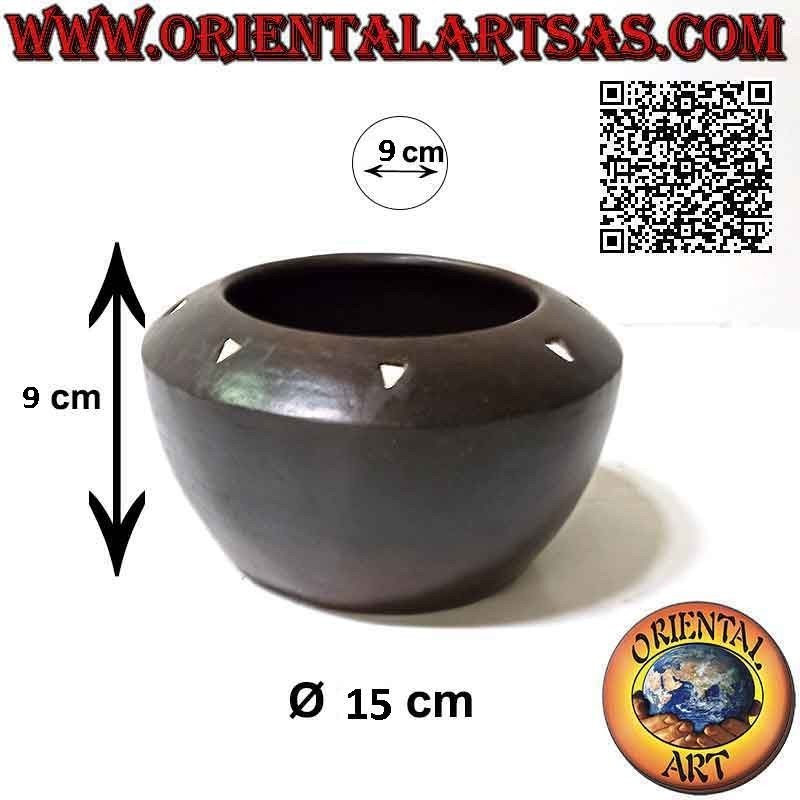 Cuenco tradicional Lombok en terracota oscura con triángulos blancos, hecho a mano