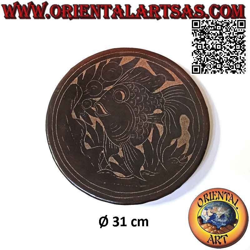Vaciador de bolsillo plano redondo Lombok en terracota oscuro y pez pintado 31 cm ø