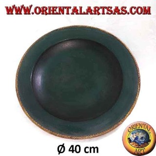 Grand plateau de poche en bois d'acajou avec bordure en osier tressé