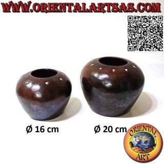 Dark terracotta Lombok traditional convex bowl with white triangles, handmade