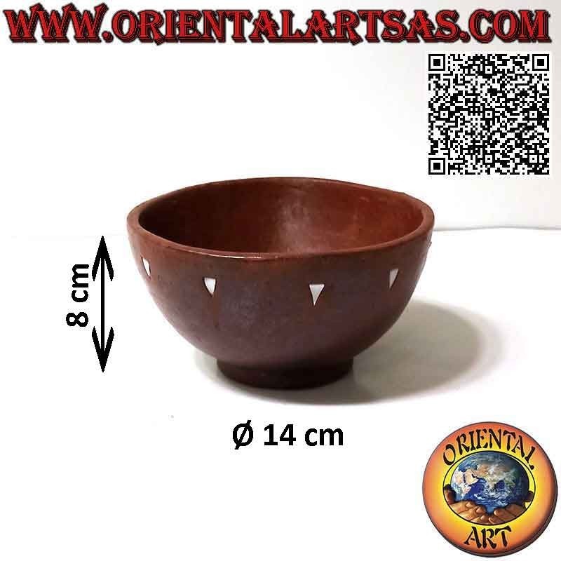 Traditional Lombok terracotta round bowl with white triangles, handmade