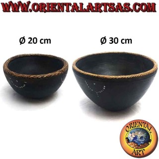 Deep Lombok bowl in mahogany wood, wicker edge and mother-of-pearl inlays