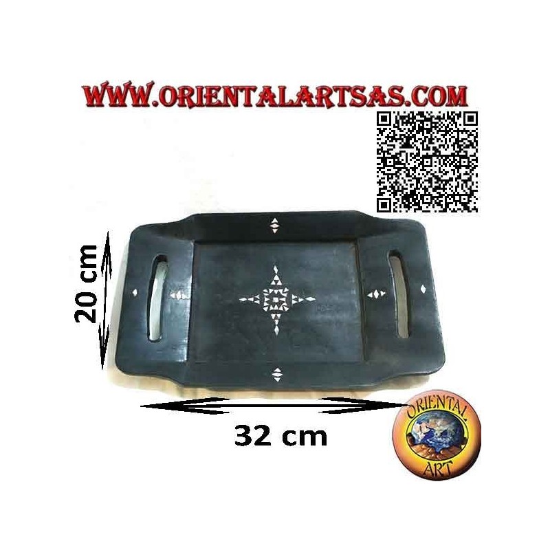 Pocket emptier Lombok rectangular tray in mahogany wood with handles and mother-of-pearl inlays