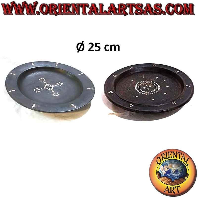 Lombok round tray valet tray in mahogany wood and concentric mother-of-pearl inlays 25 cm ø