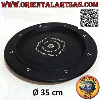 Plateau de service Lombok rond en bois d'acajou et incrustations de nacre bombées 35 cm ø
