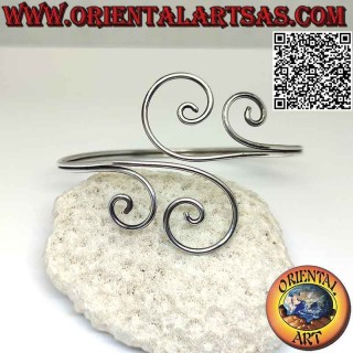 Bracelet avant-bras rigide en argent 925‰ lisse, double ligne avec vague finale des deux côtés