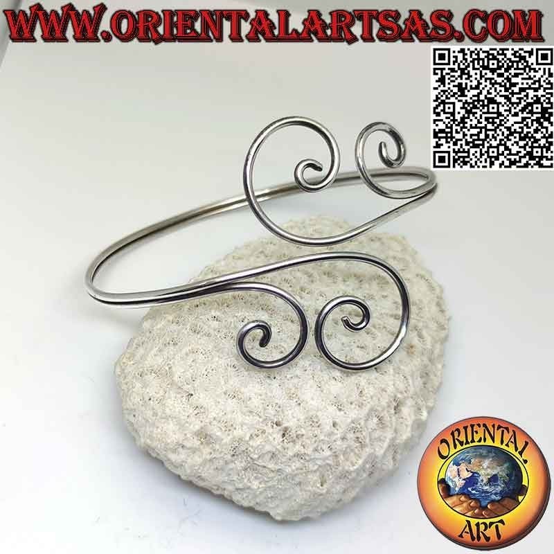 Bracelet avant-bras rigide en argent 925‰ lisse, double ligne avec vague finale des deux côtés