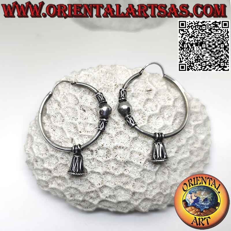 Silver earring, circle worked ball between intertwining and serpentine and aesthetic bell, 32 mm