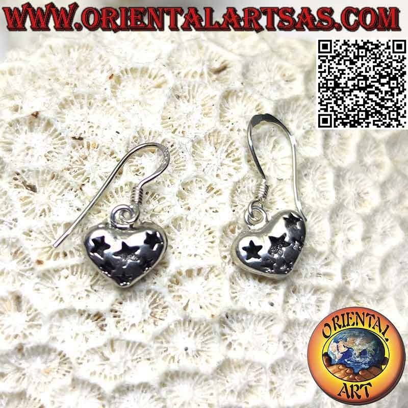 Silver leverback earrings with smooth heart with perforated stars on one side