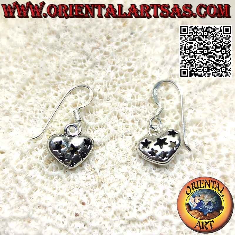 Silver leverback earrings with smooth heart with pierced stars on both sides