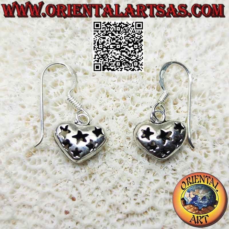 Orecchini in argento a monachella con cuore liscio con stelle traforate su entrambi i lati