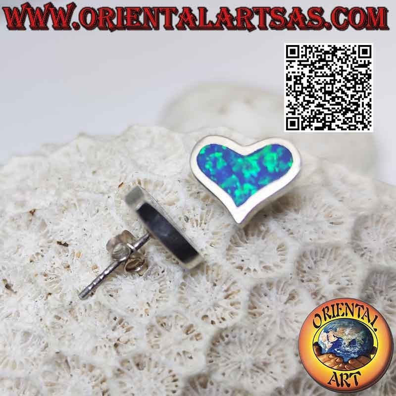 Silver lobe earrings with blue fire opal in the shape of a wide heart and smooth setting