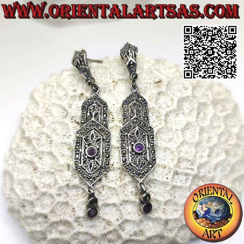Boucles d'oreilles en argent, double bouclier hexagonal serti de marcassite, avec deux améthystes naturelles rondes