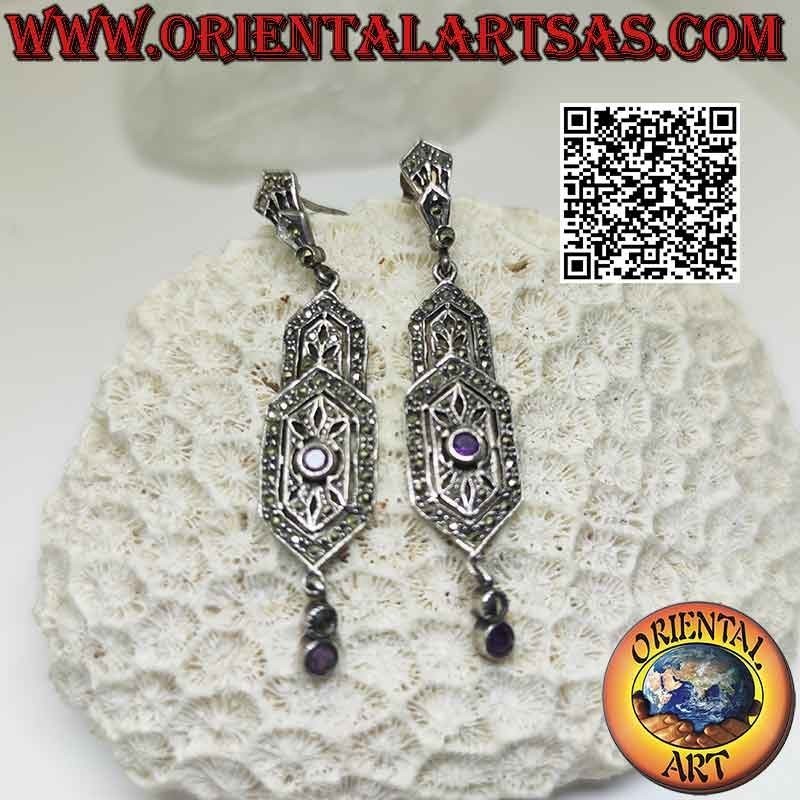 Boucles d'oreilles en argent, double bouclier hexagonal serti de marcassite, avec deux améthystes naturelles rondes