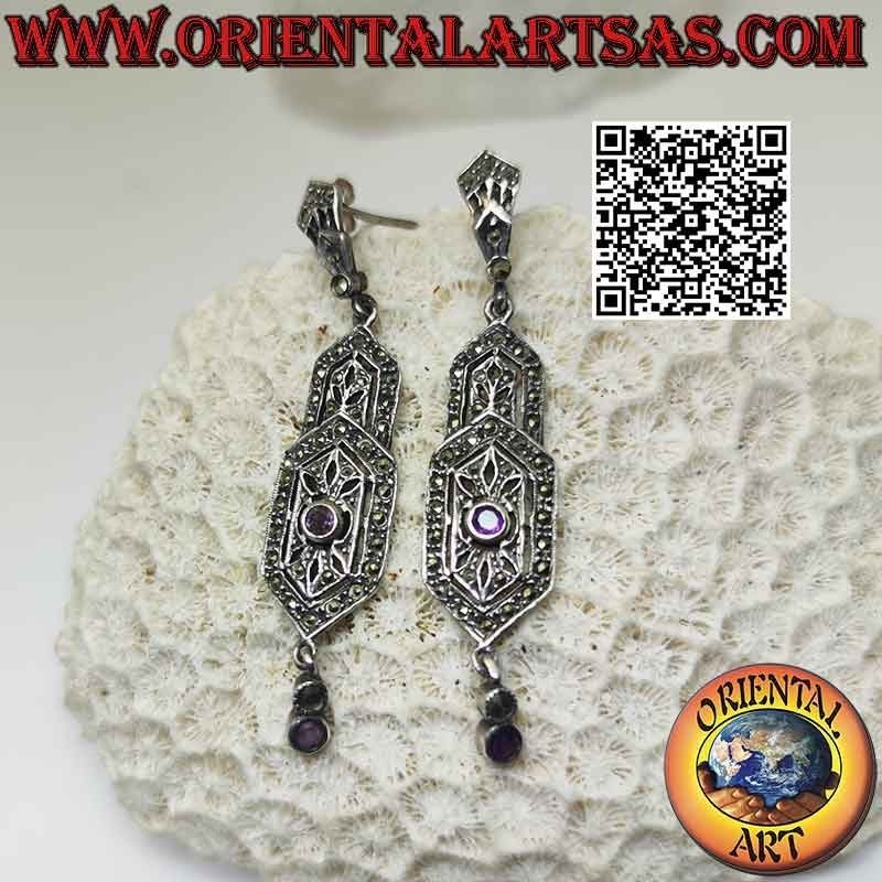 Orecchini in argento, doppio scudo esagonale tempestato di marcasite, con due ametista naturale tonde