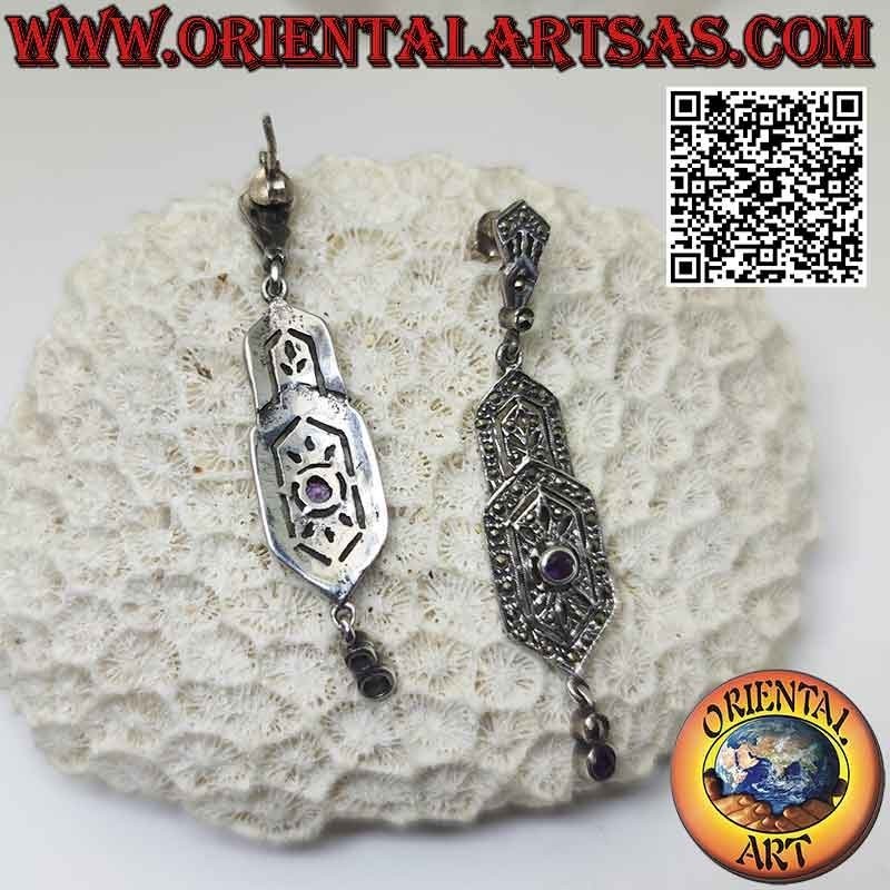 Pendientes de plata, doble escudo hexagonal tachonado de marcasita, con dos amatistas naturales redondas