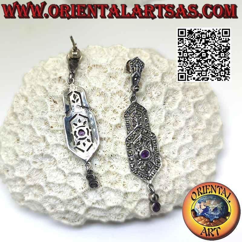 Silver earrings, double hexagonal shield studded with marcasite, with two round natural amethysts