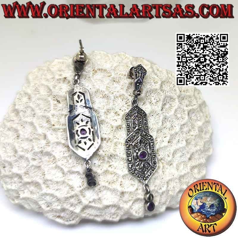 Silver earrings, double hexagonal shield studded with marcasite, with two round natural amethysts
