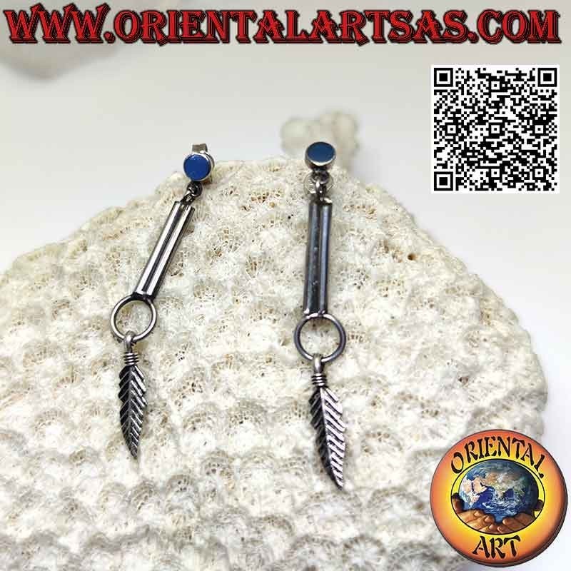 Small turquoise round lobe earrings with stick and feather pendants