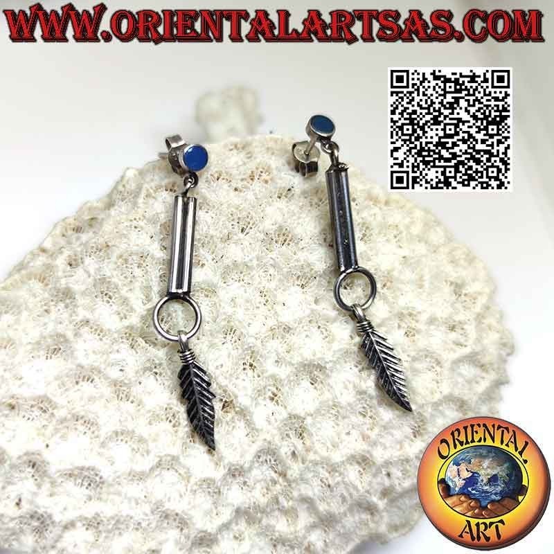 Small turquoise round lobe earrings with stick and feather pendants