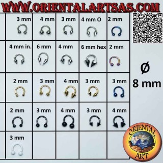 Piercing de herradura (barra circular) en acero quirúrgico (316L), 8 mm Ø x 1,2 mm de espesor