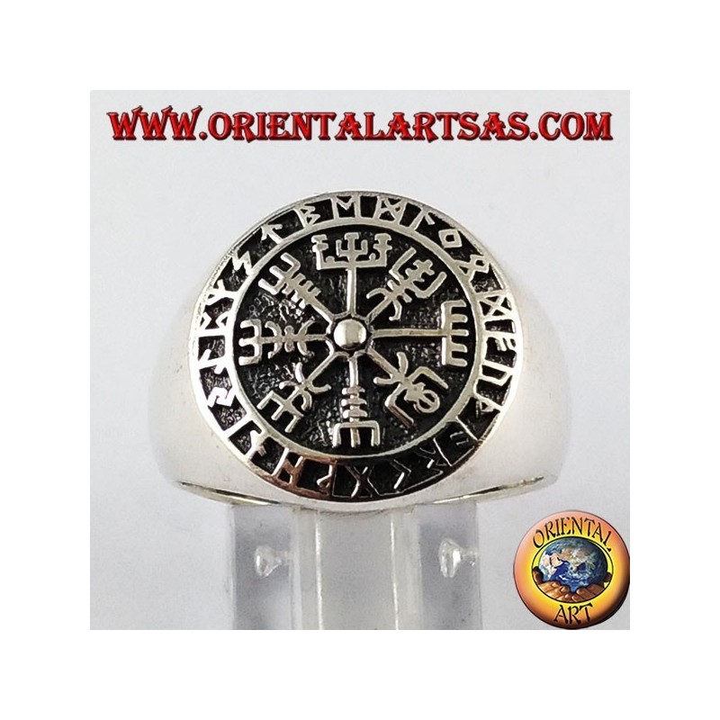Silver ring, Aegishjalmur and vegvisir with Celtic runes