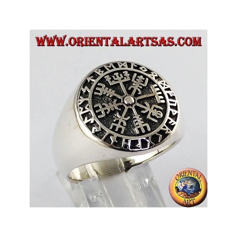 Silber Ring, Aegishjalmur und vegvisir mit keltischen Runen