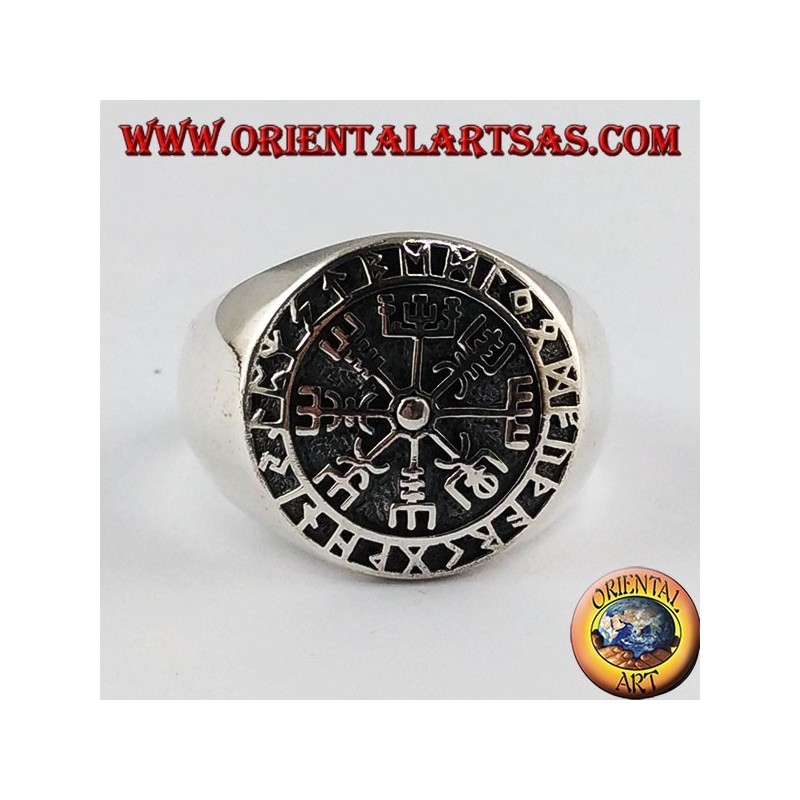 Silver ring, Aegishjalmur and vegvisir with Celtic runes