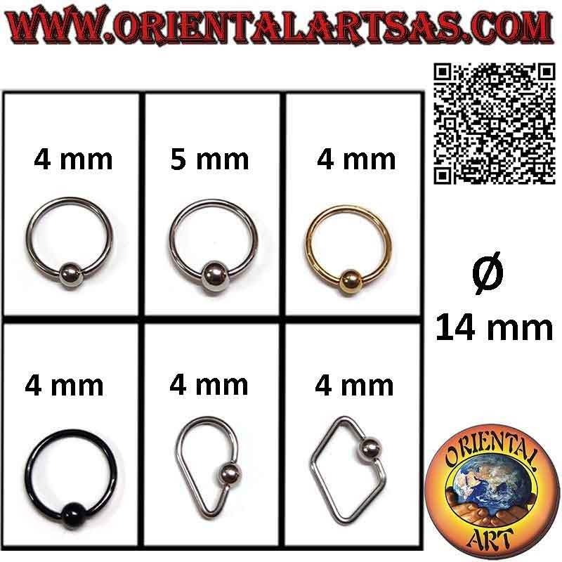 Piercing anneau fermeture boule en acier chirurgical (316L), Ø 14 mm x épaisseur 1,2 mm