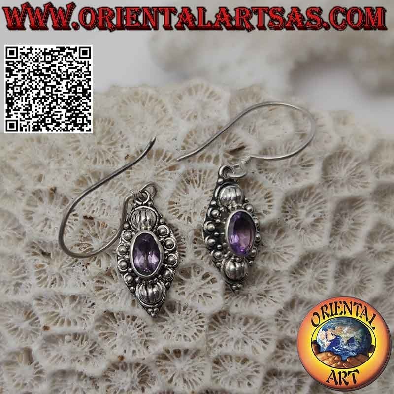 Silver pendant earrings with faceted oval natural amethyst on a frame decorated with shells and balls