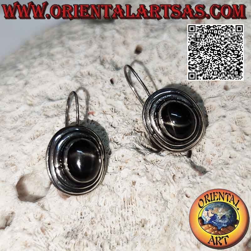 Silver earrings with black star (star diopside) oval cabochon high surrounded by three concentric lines