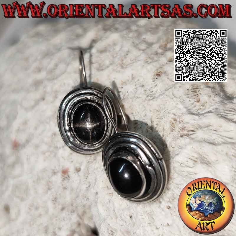 Silver earrings with black star (star diopside) oval cabochon high surrounded by three concentric lines