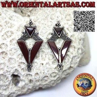 Rhomboidal silver earrings studded with marcasite with triangle and carnelian inserts