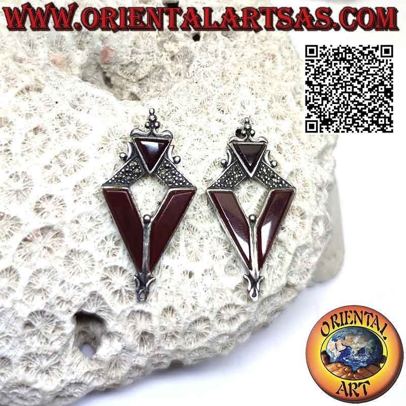 Rhomboidal silver earrings studded with marcasite with triangle and carnelian inserts