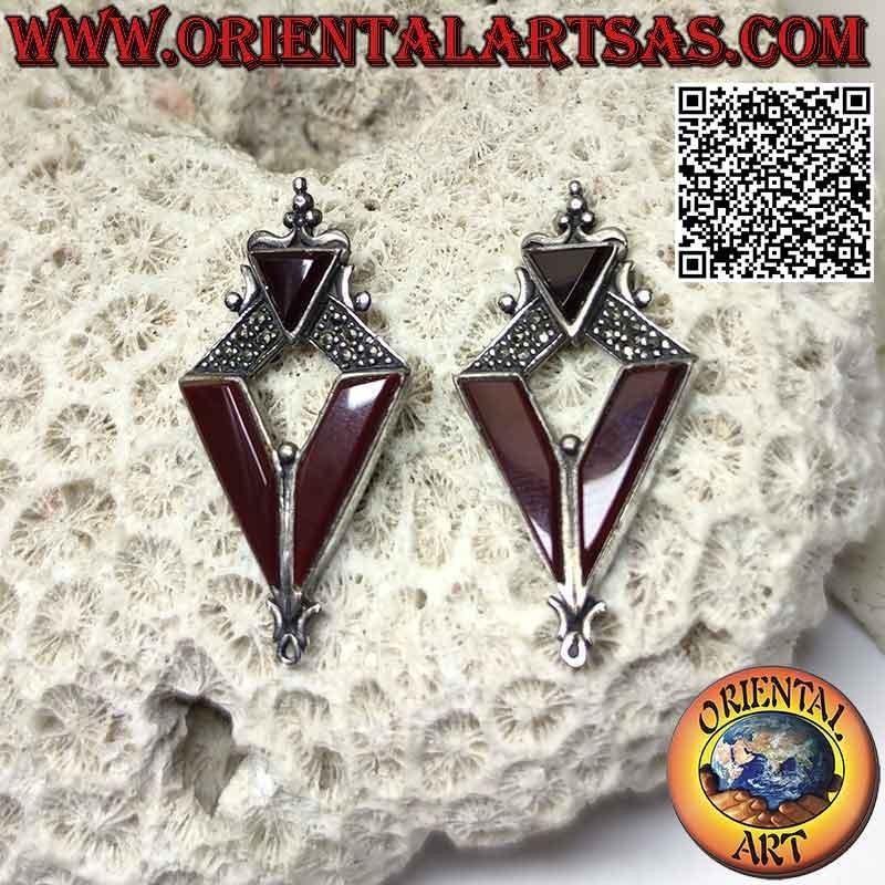 Rhomboidal silver earrings studded with marcasite with triangle and carnelian inserts