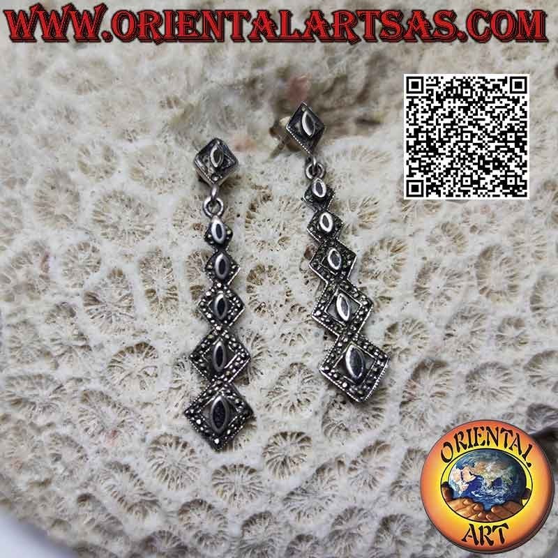 Silver earrings, growing series of rhombuses with central onyx surrounded by marcasite