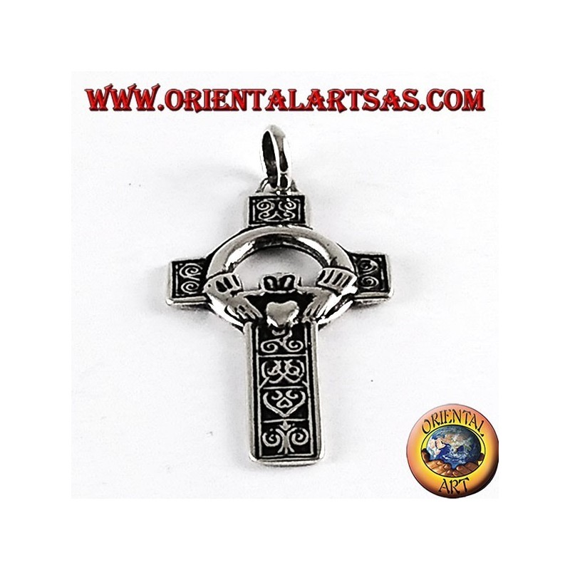 Silver pendant, Celtic cross with claddagh