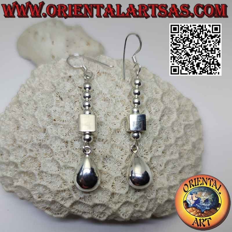 Silver pendant earrings with parallelepiped between a series of balls and a final three-dimensional drop