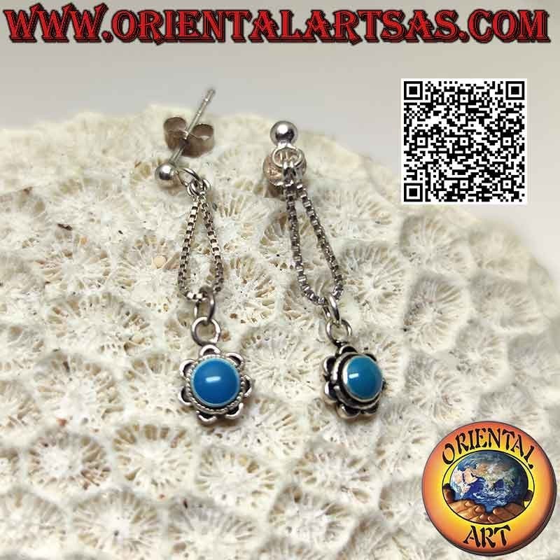 Boucles d'oreilles lobes en argent avec petite fleur avec pendentif chaîne turquoise centrale