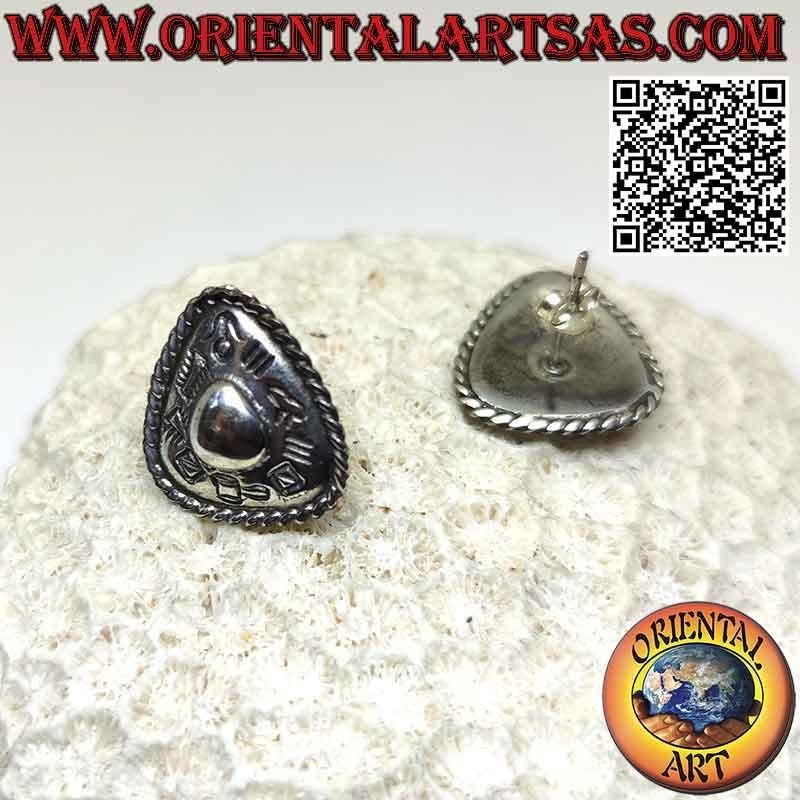 Triangular shield silver earrings with smooth central dome and Karen style engravings