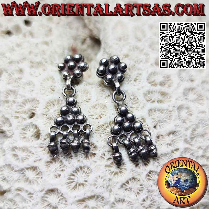Boucles d'oreilles en argent avec boules, lobe hexagone avec triangle 3x3 et pendentifs