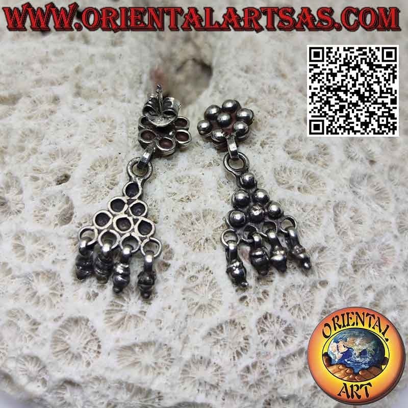 Silver earrings with balls, lobe hexagon with 3x3 triangle and pendants